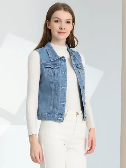 Allegra K- Gilet boutonné en denim délavé avec poches à rabat