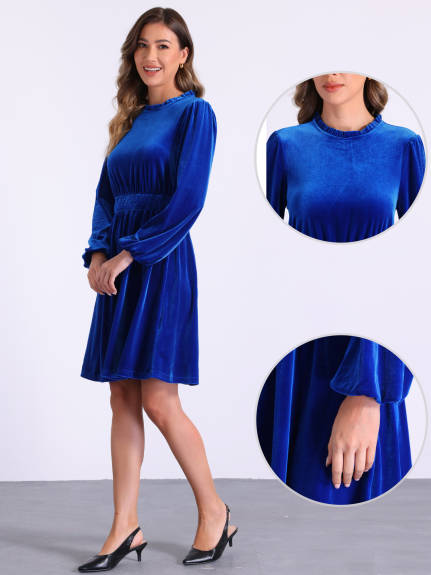 Allegra K - Velvet Smocked Waistline Long Sleeve Dress