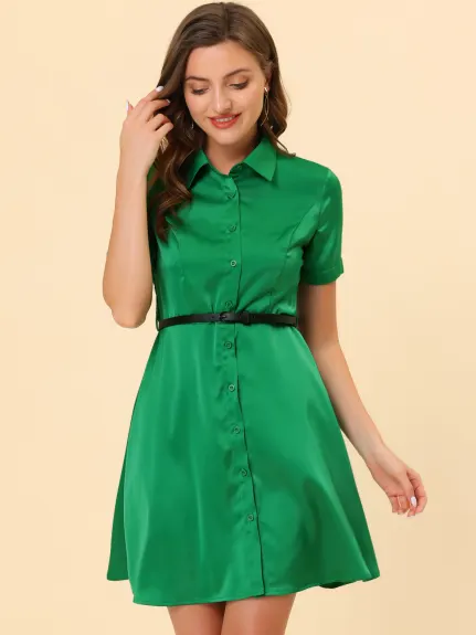 Allegra K- Satin Short Sleeve Button Down Belted Shirt Dress