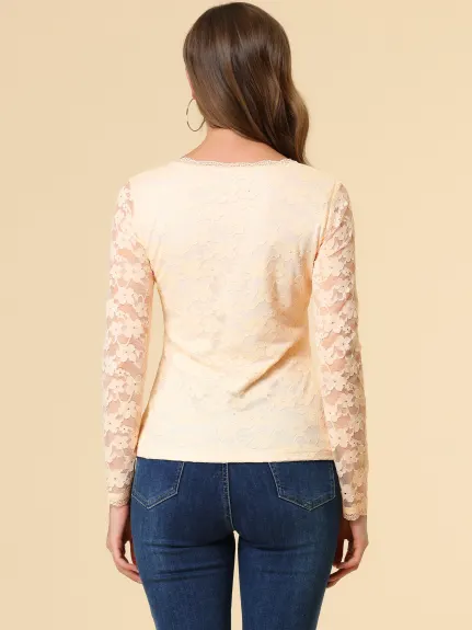 Allegra K- Round Neck Long Sleeve Embroidery Lace Blouse