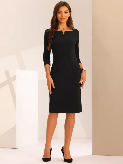 Allegra K - Notch Neck 3/4 Sleeve Business Midi Dress