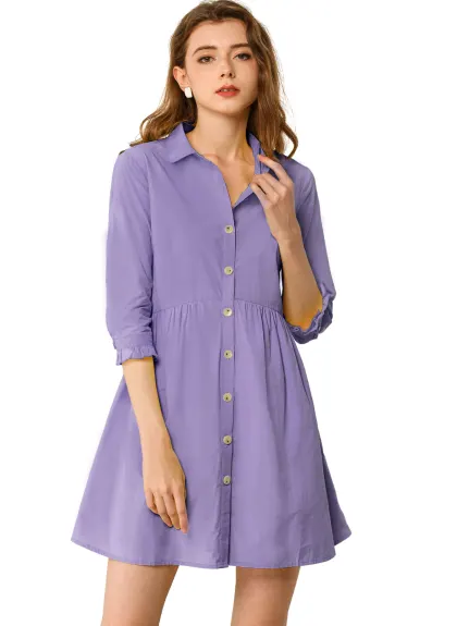 Allegra K- 3/4 Sleeve Button Up Flare Shirt Dress