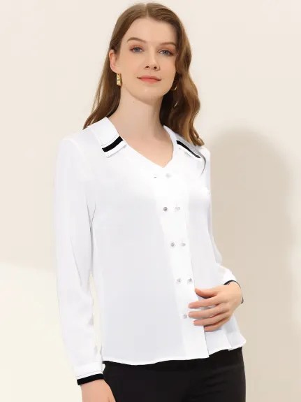 Allegra K- V Neck Chiffon Collared Shirt