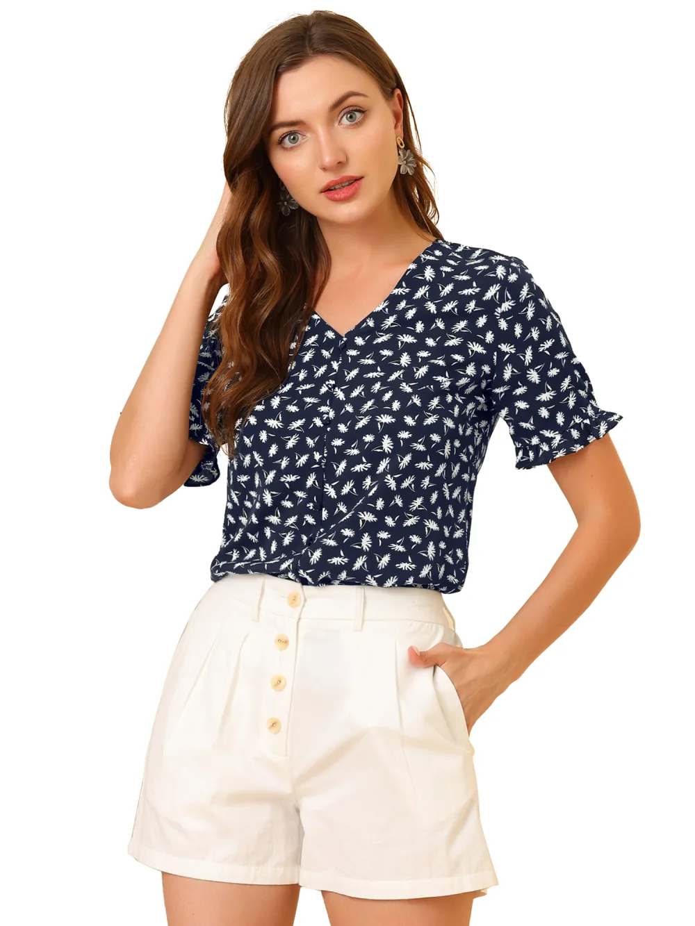Allegra K- V Neck Short Sleeve Floral Button Shirt