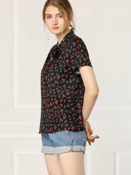 Allegra K- Casual Bow Tie Neck Printed Chiffon Blouse