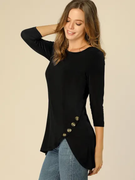 Allegra K- 3/4 Sleeve Tunic Asymmetry Button Top