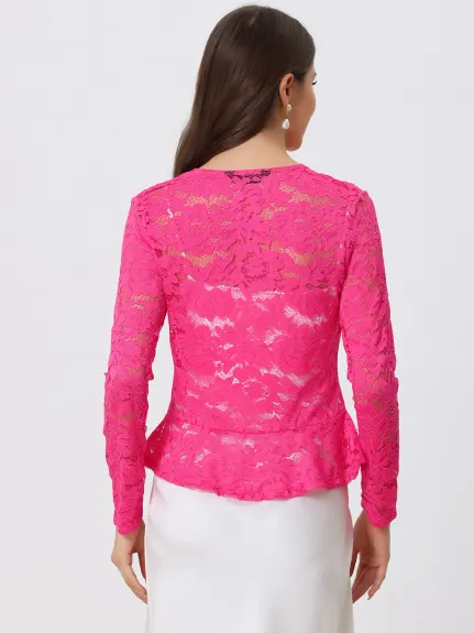 Allegra K - Tie Front Ruffle Lace Sheer Cropped Cardigan