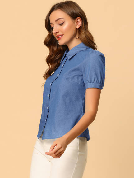 Allegra K - Puff Short Sleeve Button Denim Shirt