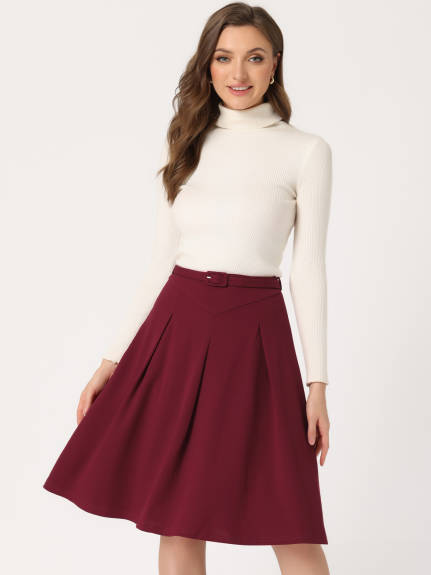 Allegra K - A-Line Belted Midi Pleated Skirt