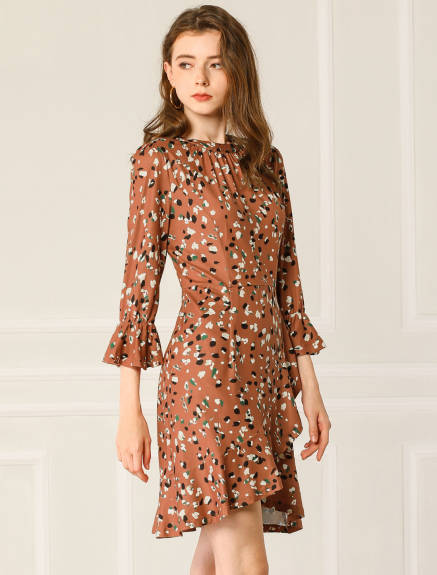 Allegra K- Leopard 3/4 Bell Sleeves Ruffle Dress