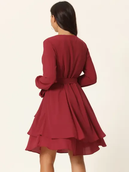 Allegra K- Deep V Neck Wrap Long Sleeve Belted Mini Skating Flowy Dress