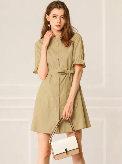 Allegra K- Ruffled Short Sleeve Belted Shirt Dress