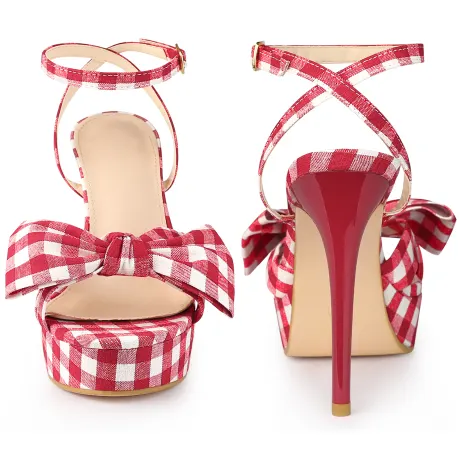 Allegra K- Bow Platform Stiletto Heels Plaid Sandals