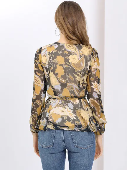 Allegra K - Floral Peplum V Neck Chiffon Long Sleeve Blouse