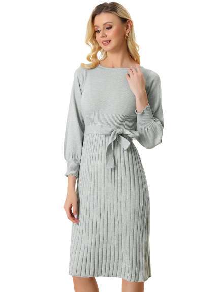 Allegra K- Knit Belted Crew Neck Lantern Sleeves Sweater Dress