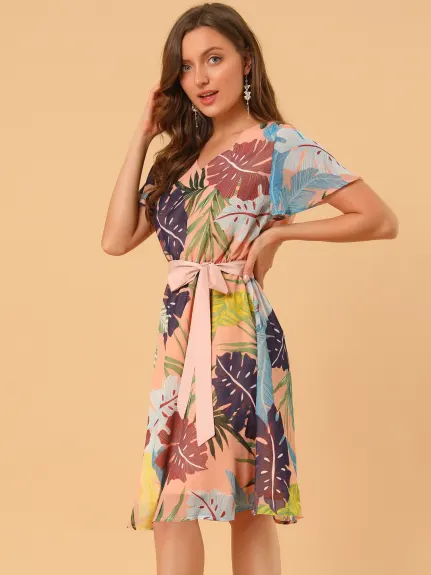 Allegra K- Leaf Prints V-Neck Belted Chiffon Dress