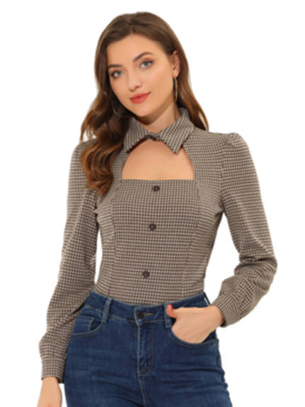 Allegra K- Houndstooth Print Choker Neck Puff Sleeve Blouse