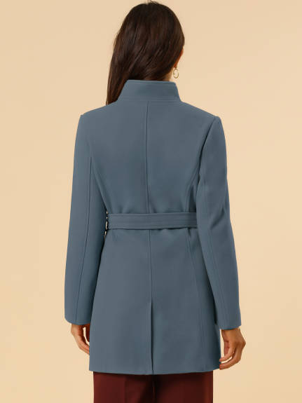 Allegra K- Classic Stand Collar Belted Long Coat