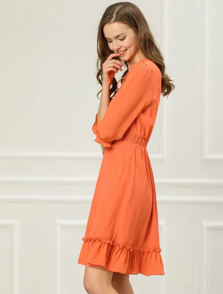 Allegra K- Layered Ruffle Hem 3/4 Sleeve Smocked Chiffon Dress