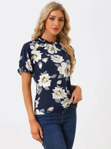 Allegra K- Floral Short Sleeve Ruffle Neck Blouse