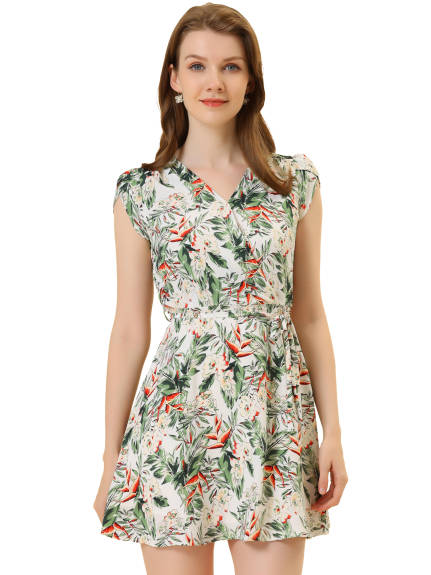 Allegra K- Floral Crossover V Neck Petal Sleeves Belted Dress