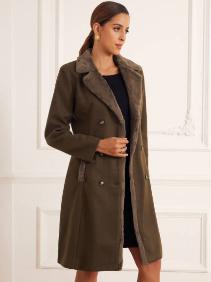 Allegra K - Manteau Long à Double Boutonnage avec Col en Fausse Fourrure