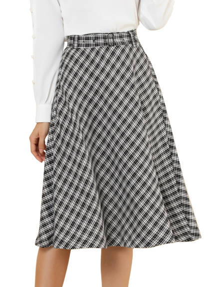 Allegra K- Plaid Tartan Belted A-Line Midi Skirt