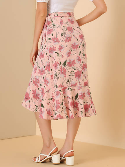 Allegra K- Tie Ruffle Split Midi Floral Wrap Skirt