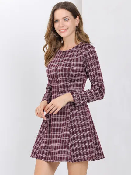 Allegra K- Zip up Long Sleeve Flare Mini Dress