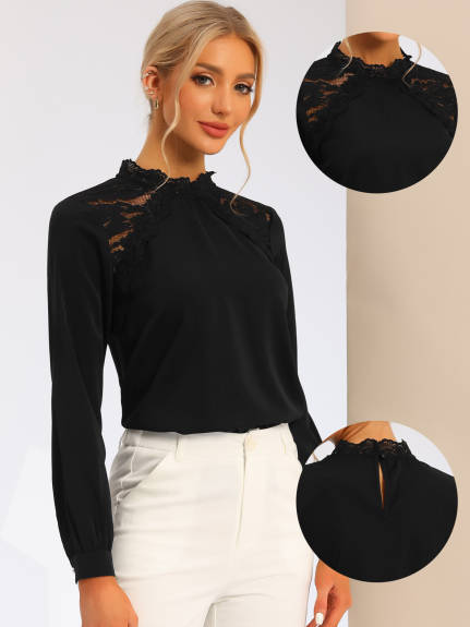 Allegra K - Mock Neck Contrast Lace Elegant Blouse