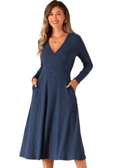 Allegra K- Ribbed Knit Long Sleeve A-Line Wrap Dress