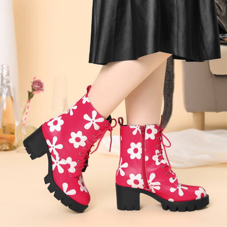 Allegra K - Printed Platform Round Toe Lace Up Combat Boots