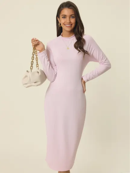 Allegra K- Round Neck Twist Back Long Sleeve Cable Cut Out Back Knit Midi Dress