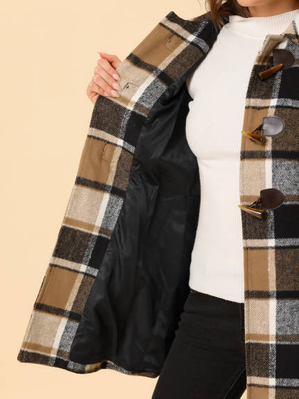 Allegra K- Turn Down Collar Plaid Toggle Duffle Long Overcoat