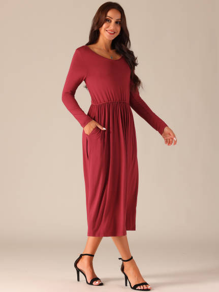 Allegra K - Crewneck Long Sleeve Midi Swing Dress