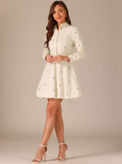 Allegra K- Long Sleeve Half Placket Embroidered Floral Mini Dress