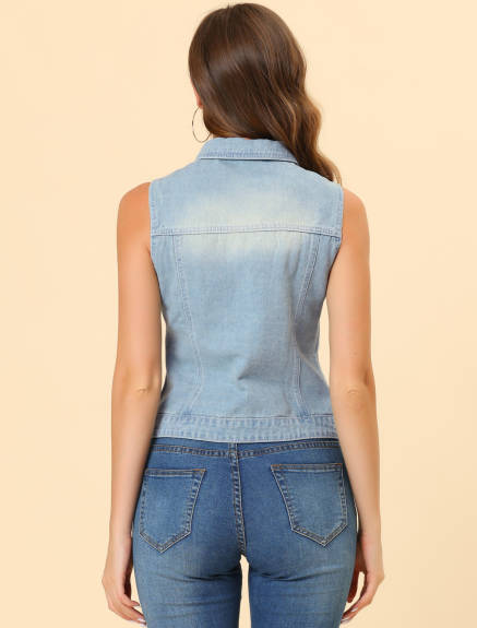 Allegra K- Washed Denim Buttoned Vest with Flap Pockets