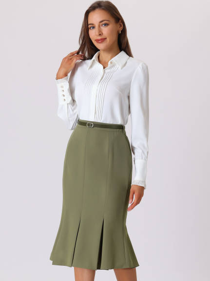 Hobemty- Below Knee Lenght Fishtail Skirt with Belt