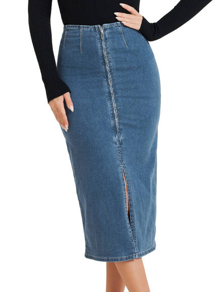 Allegra K - Front Slit Maxi Bodycon Denim Skirt