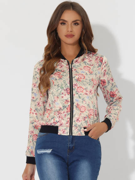 Allegra K- Stand Collar Zip up Print Crop Bomber Jacket