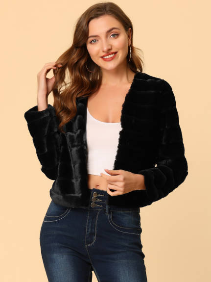 Allegra K- Cropped Collarless Faux Fur Fluffy Coat Jacket