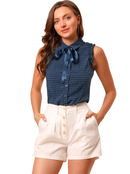 Allegra K- Bow Tie Neck Sleeveless Gingham Shirt Blouse