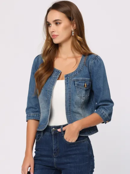 Allegra K- Veste en jean courte sans col, col rond, manches 3/4, ouverte sur le devant