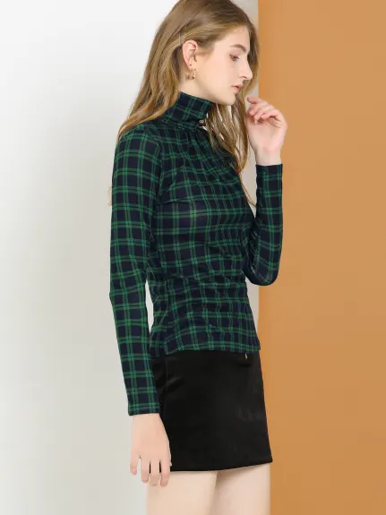 Allegra K- Turtleneck Long Sleeve Slim Plaid Shirt Blouse