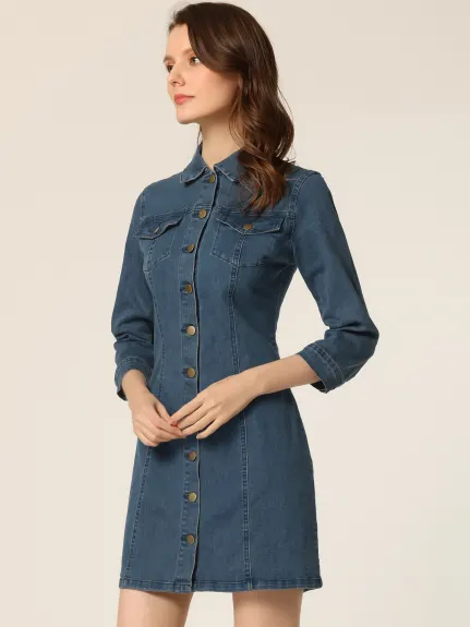 Allegra K- Robe chemise slim en jean à manches 3/4