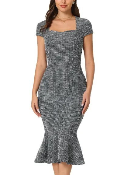 Hobemty- Tweed Square Neck Cap Sleeve Fishtail Dress