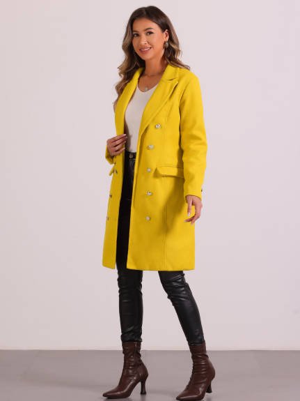 Allegra K - Notched Lapel Double Breasted Long Pea Coat