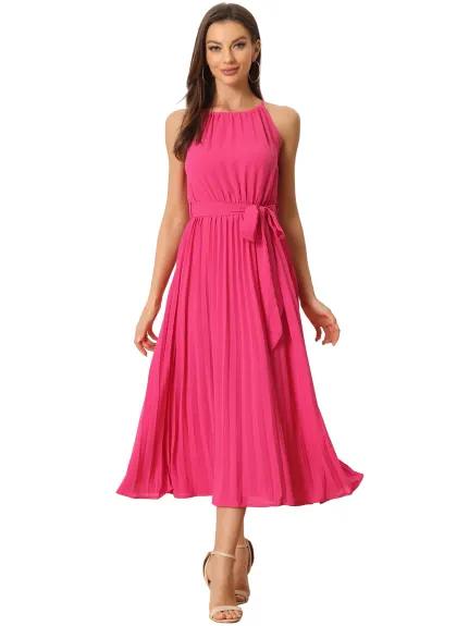 Allegra K- Halter Neck Belted Pleated Dress