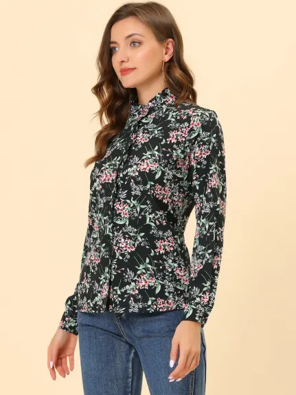 Allegra K- Floral Ruffle Stand Collar Long Sleeve Shirt