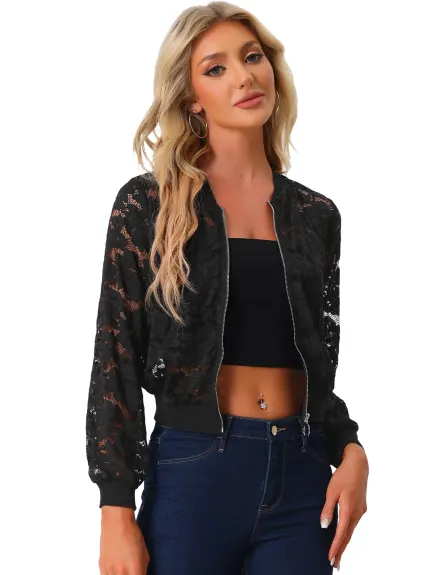 Allegra K- Lace Zip Up Mesh Sheer Jacket